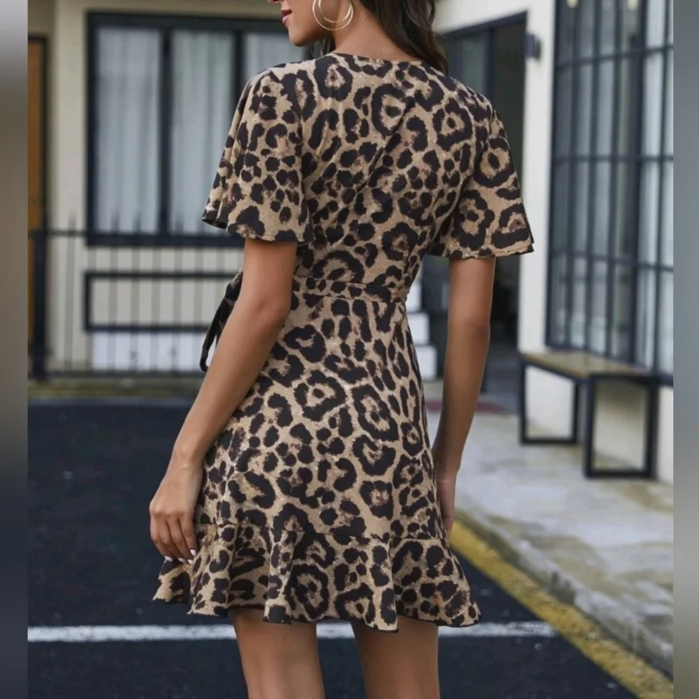 New Chic Animal Print Wrap Dress Mini Ruffle Tie Tan Black - Picture 4 of 8